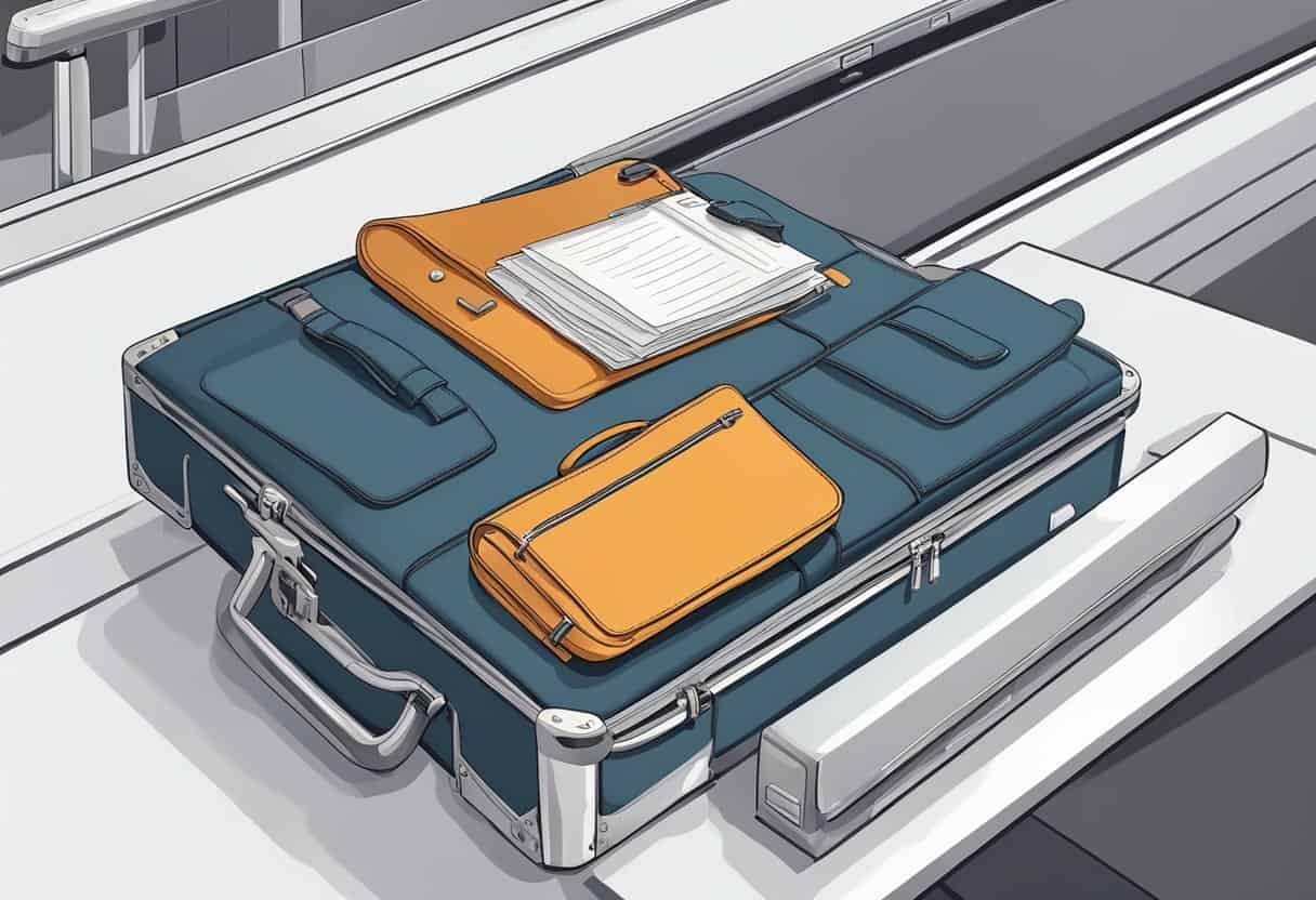 A briefcase and laptop placed on a sleek airport security conveyor belt. A business traveler's essentials for a productive trip