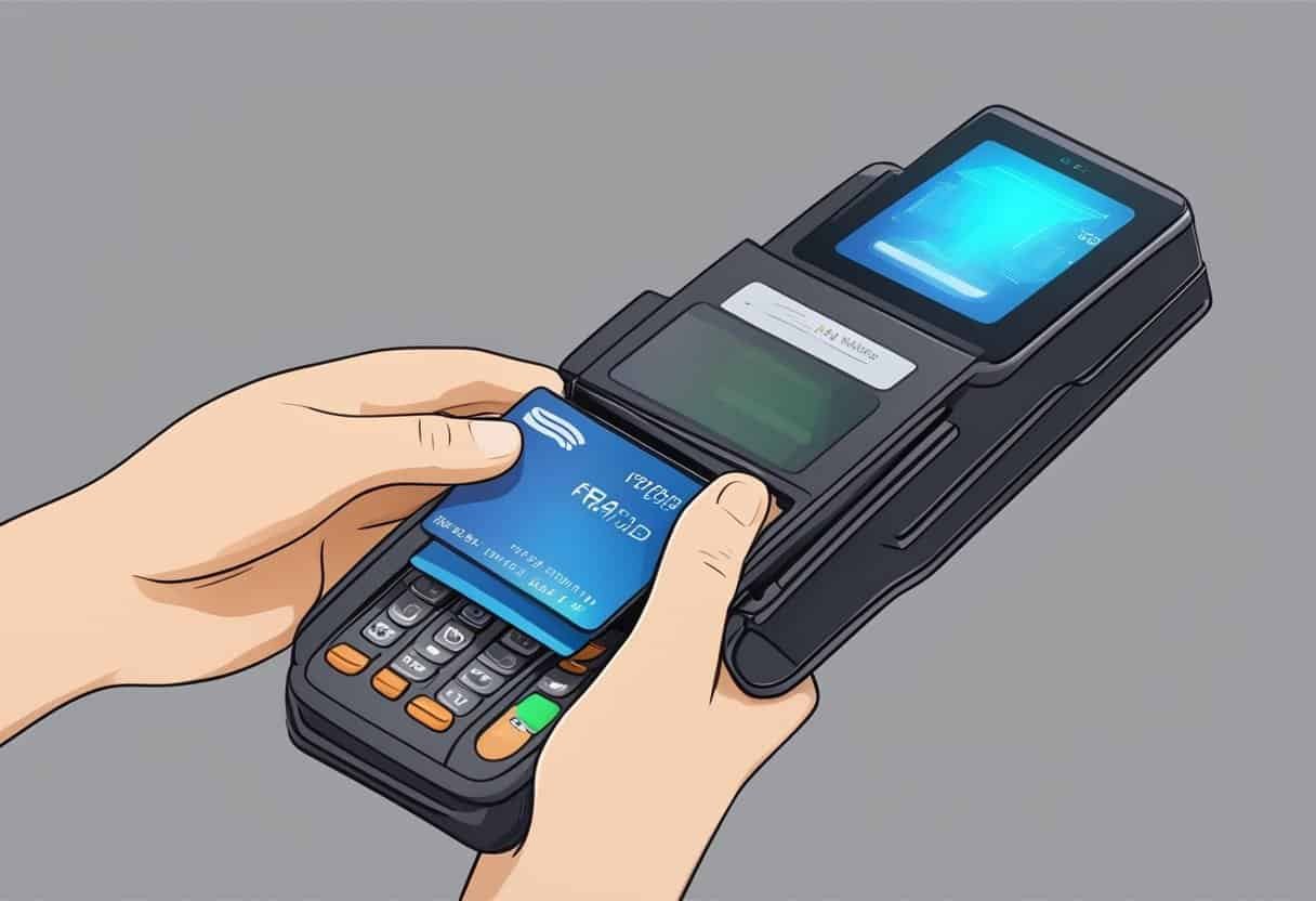 An RFID wallet with a chip emitting signals. A digital transaction occurs as the wallet interacts with a payment terminal