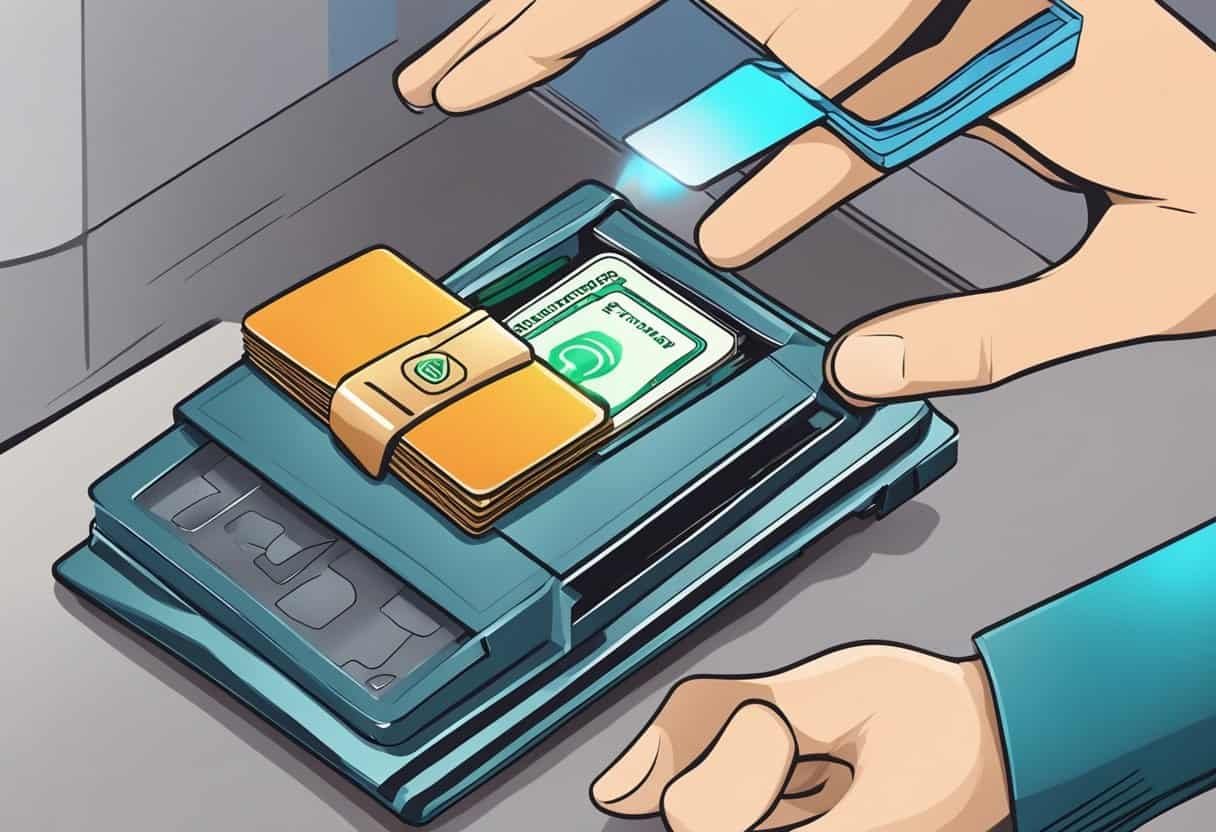 An RFID wallet opens, revealing a chip inside. A hand hovers a card over the chip, and the wallet securely locks