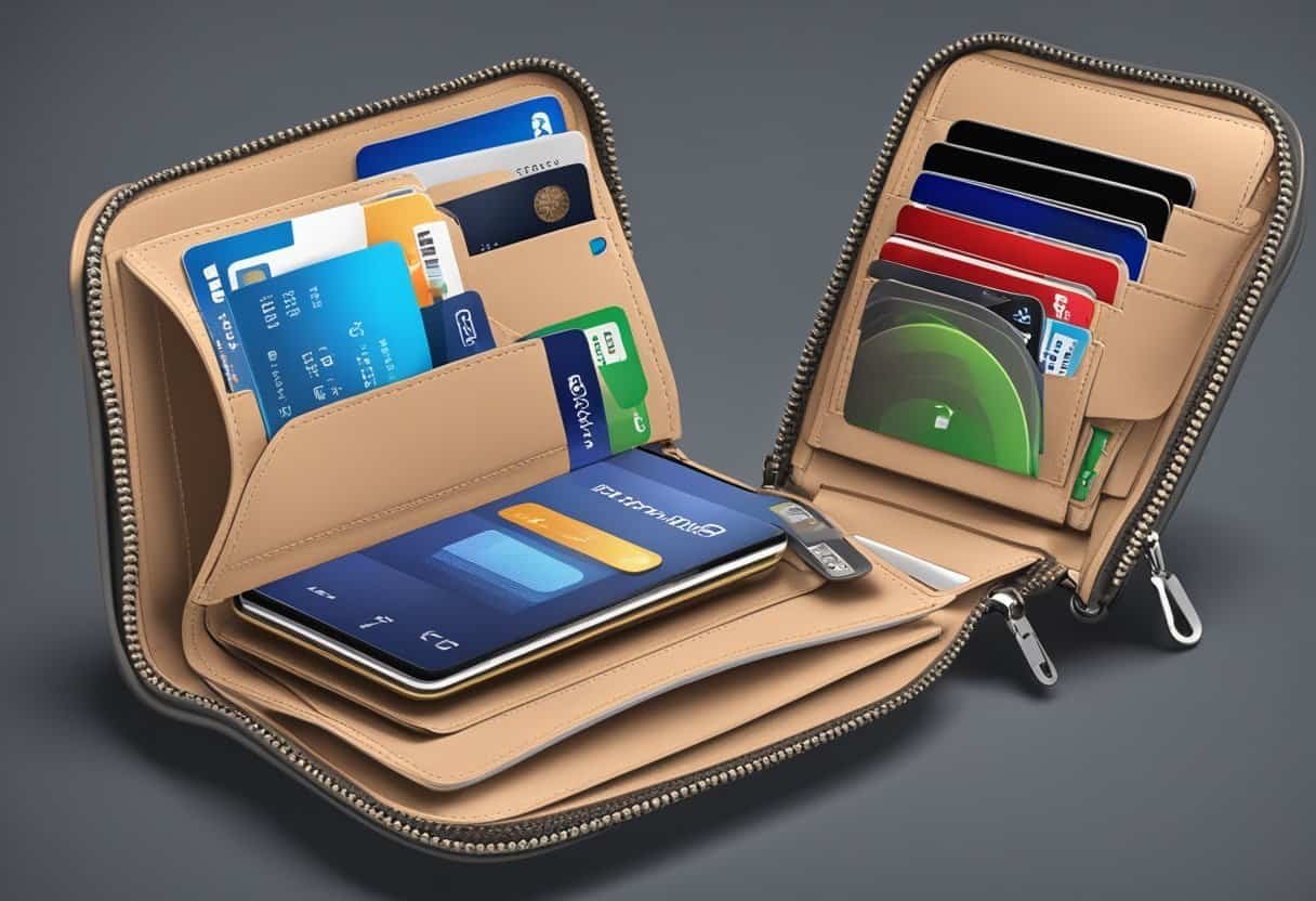 An RFID wallet with protective shield, blocking electronic signals. Wallet open, showing interior compartments and embedded technology