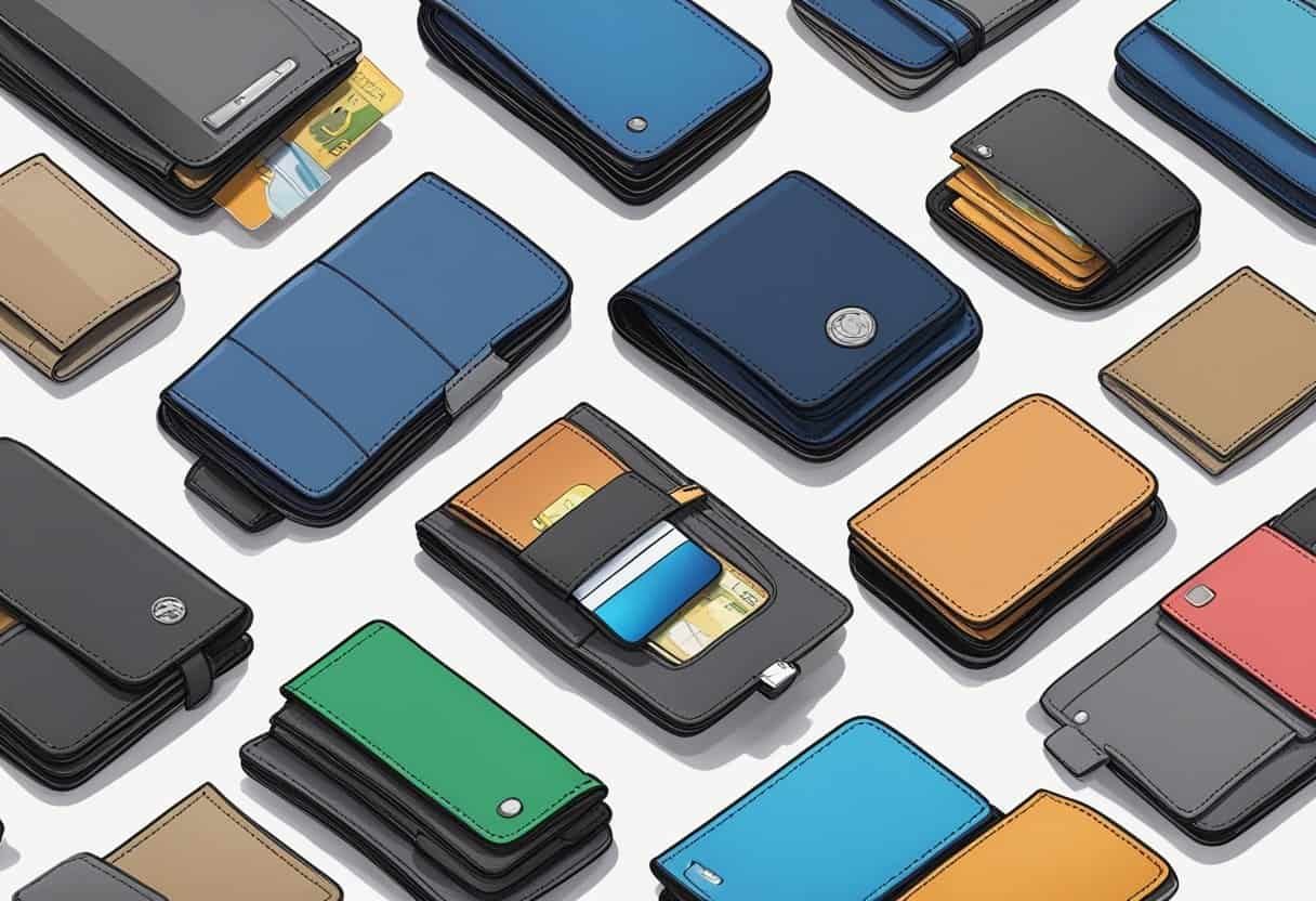 A variety of RFID wallets laid out with visible technology inside. An illustration could show the inner workings of the wallets and how they protect against RFID theft