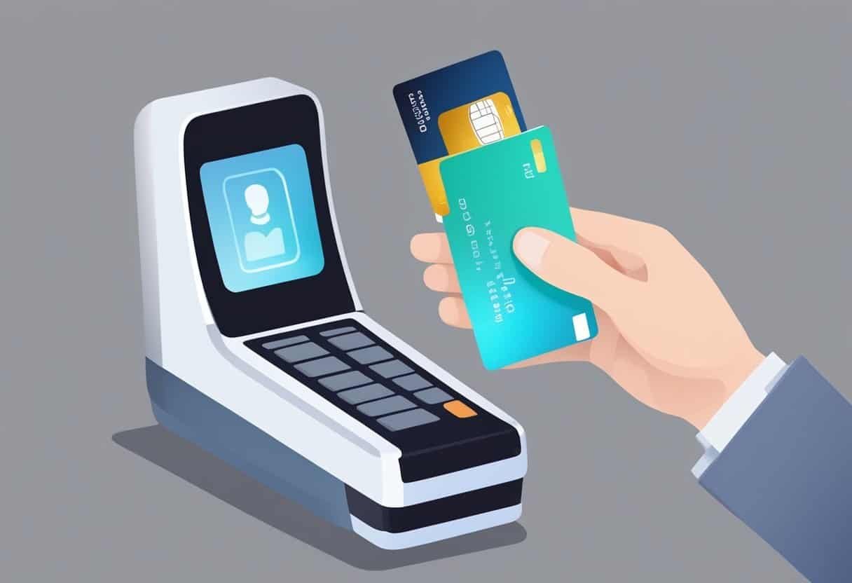 A hand holding a credit card near a scanner, with a hidden figure using a device to steal information. Protective shield and lock symbol in the background