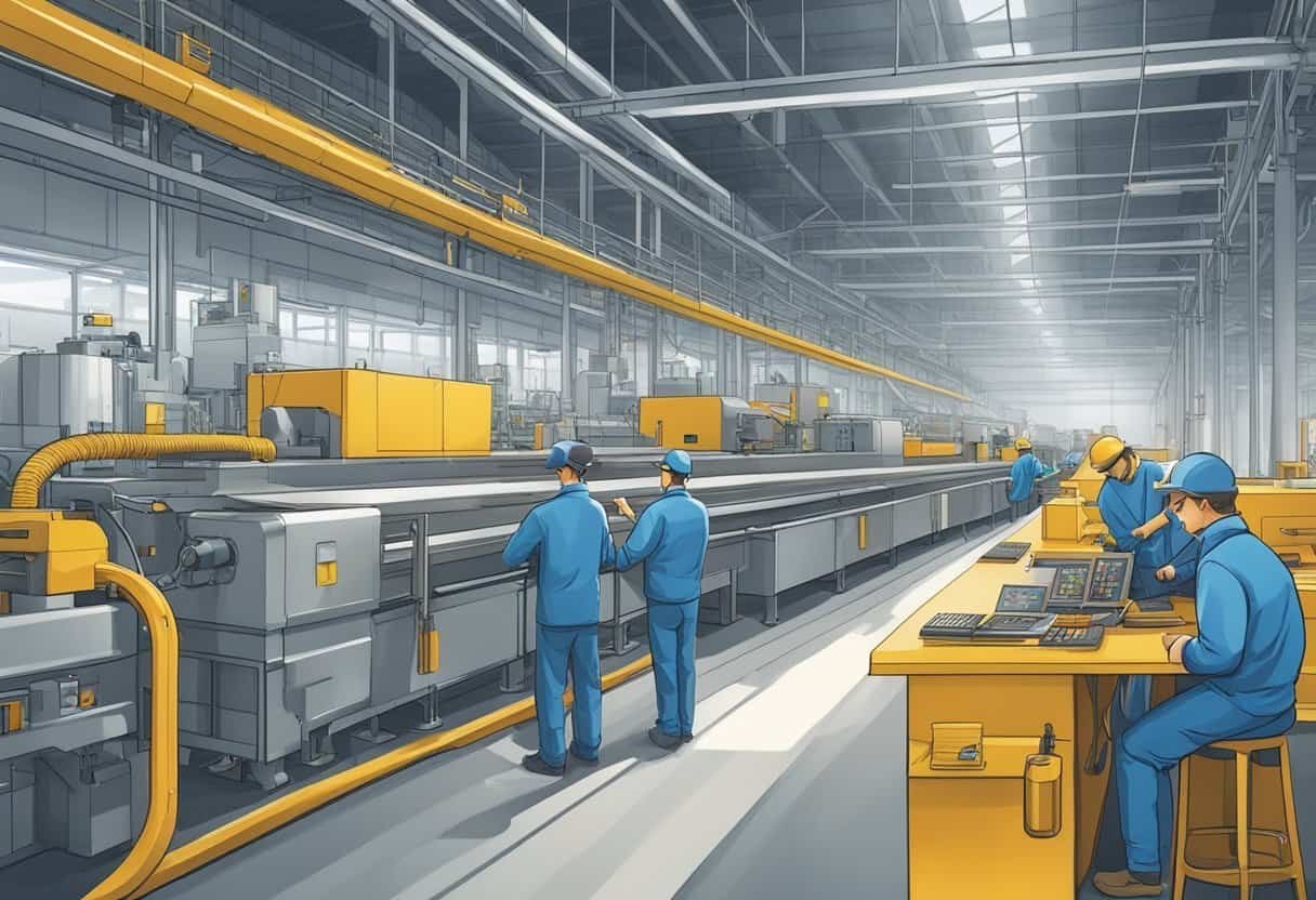 A factory floor with workers following sustainable production regulations for wallets. Machinery hums as quality control inspectors monitor the process