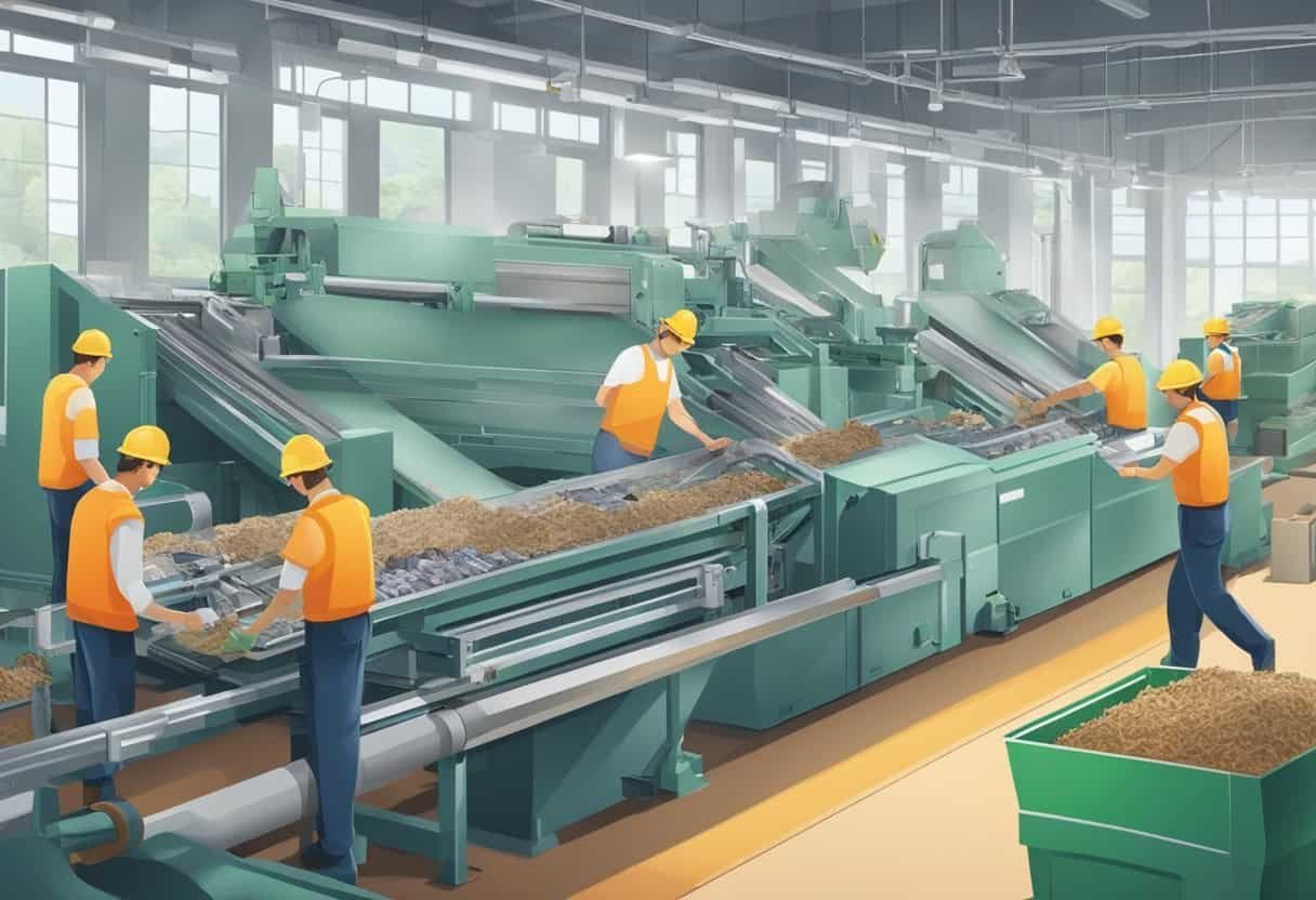 A sustainable wallet production line with workers carefully assembling eco-friendly materials and machinery recycling waste, creating a harmonious and efficient process