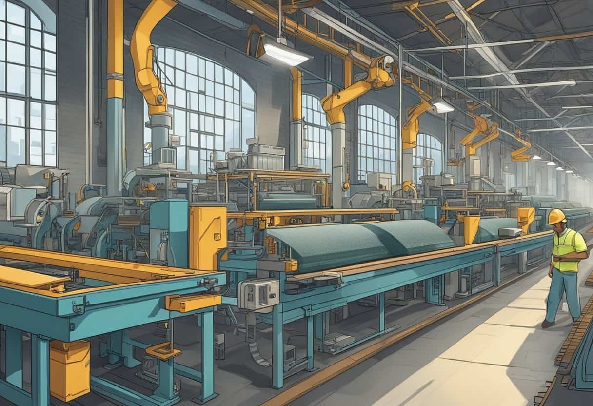 A factory scene with sustainable materials and machinery producing wallets. No humans or body parts visible