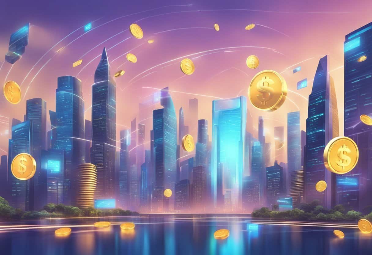 A futuristic cityscape with digital payment screens and holographic currency floating in the air