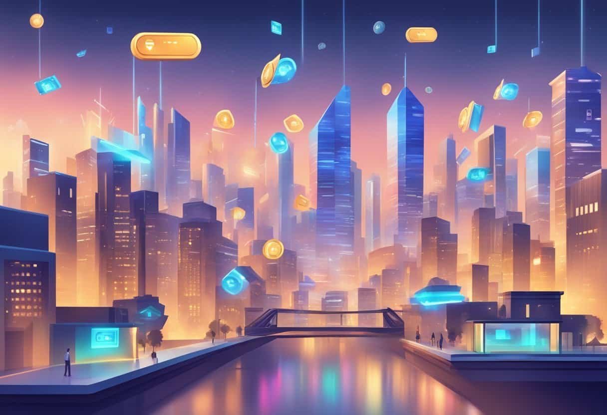 A futuristic cityscape with digital payment symbols floating above buildings. The scene depicts the concept of cashless transactions and the future of digital payments