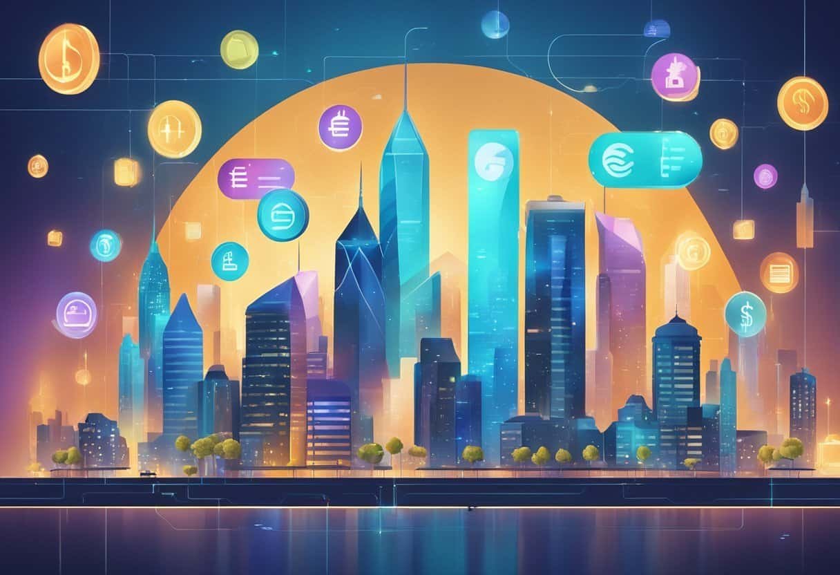 A futuristic city skyline with digital payment symbols floating above, showcasing a global perspective on cashless transactions