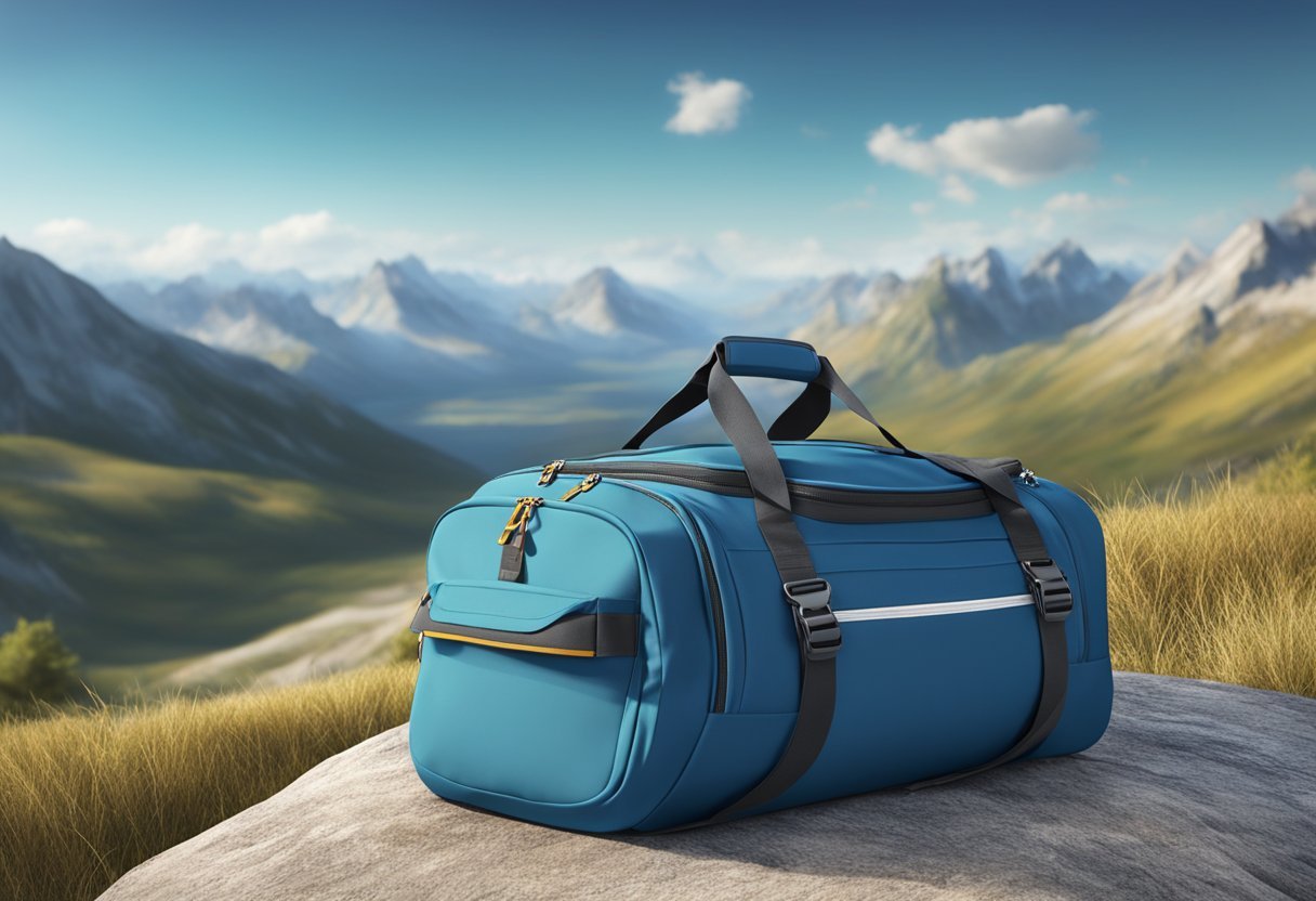 A high-performance travel bag sits on a rugged terrain, with mountains in the background and a clear blue sky above