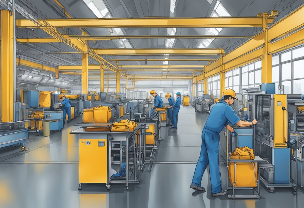 A factory producing high-performance travel bags, with suppliers delivering materials