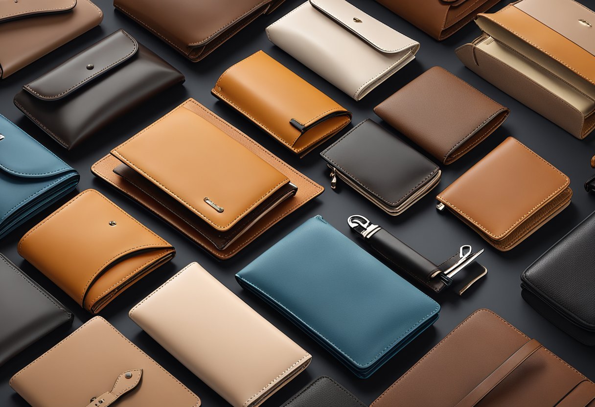 A collection of leather wallets displayed on a sleek, modern table. Various colors and textures are showcased, with soft lighting enhancing the luxurious feel of the products