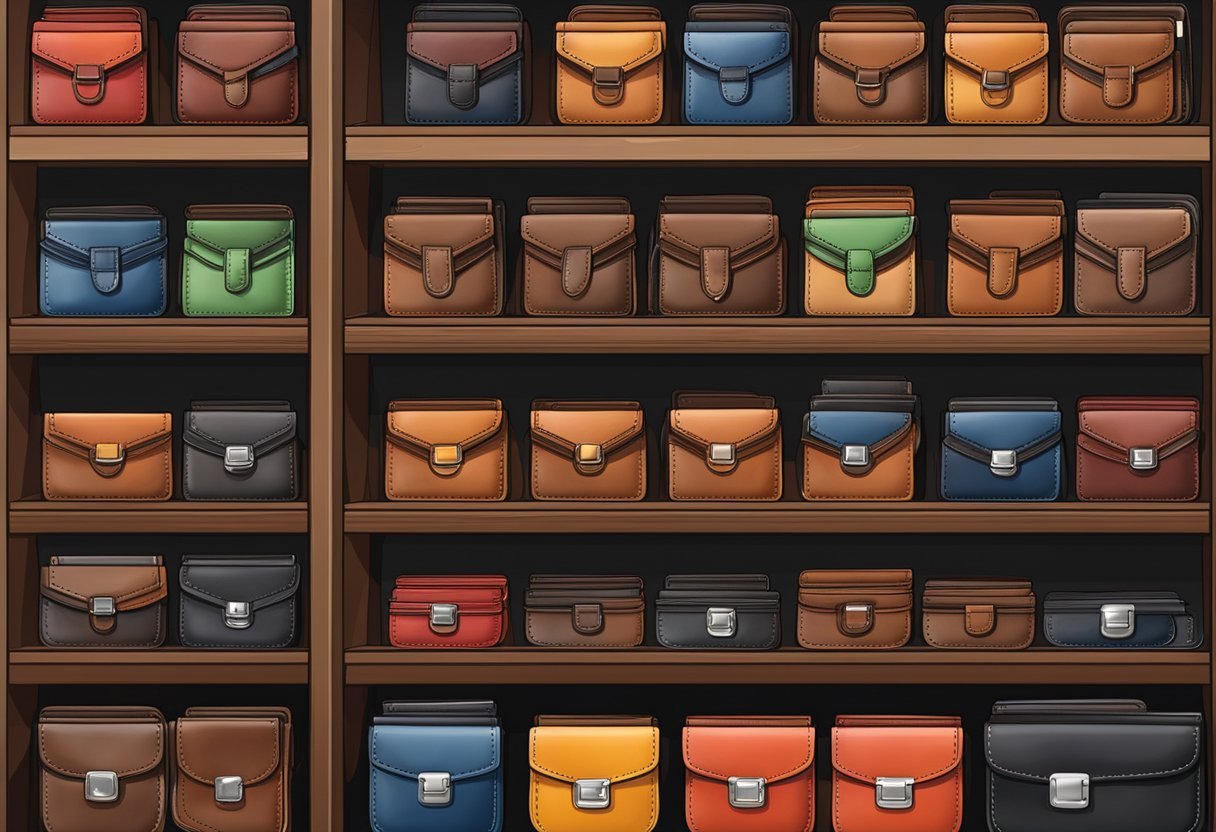 A display of various leather wallets with price tags and quality indicators, surrounded by shelves of different leather materials and colors