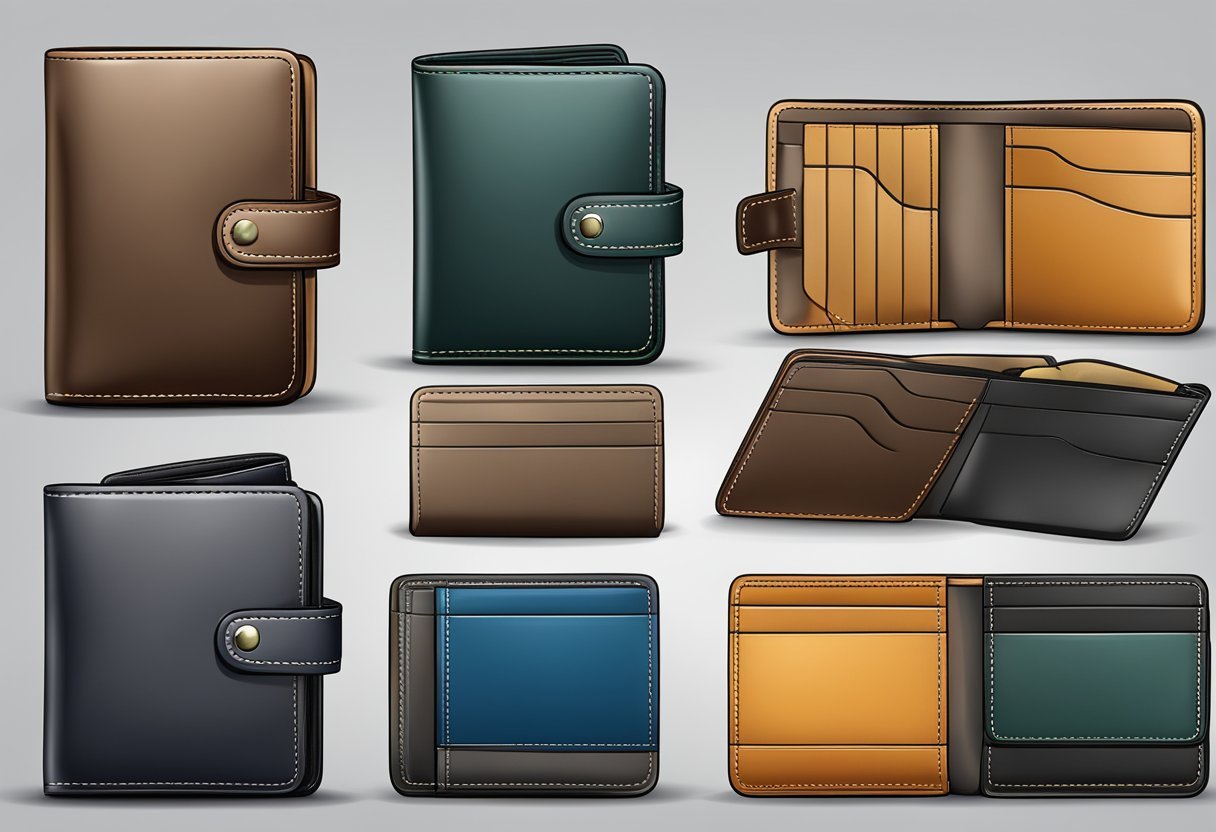 A leather wallet displayed with various styling options