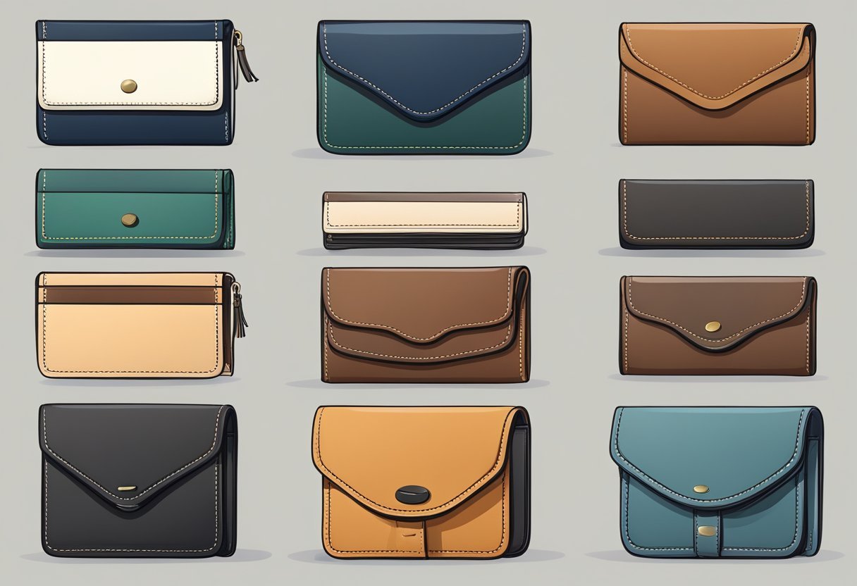 A collection of leather wallets with various designs and colors displayed on a clean, minimalist background