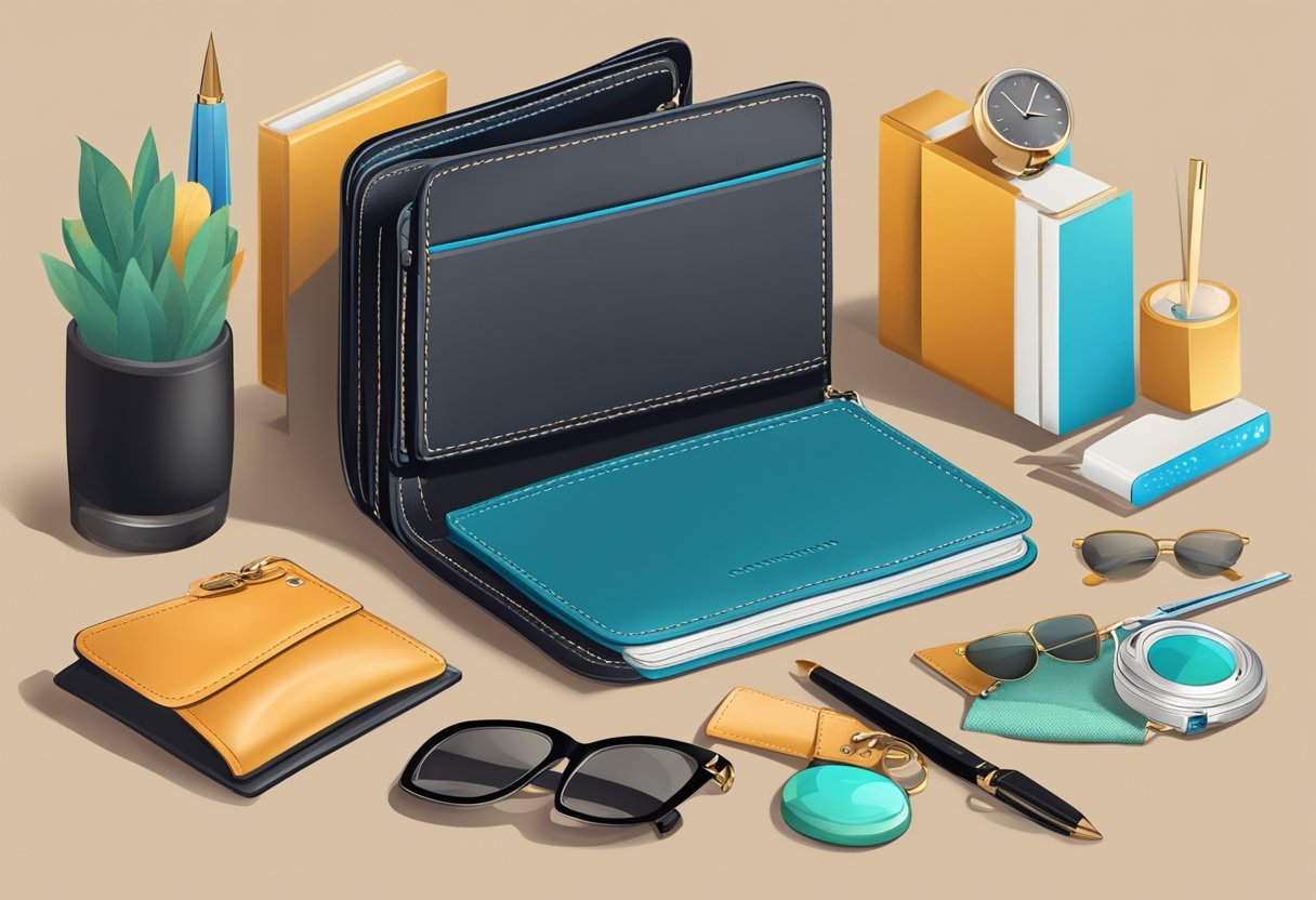 A stylish leather wallet surrounded by modern fashion accessories and trend-setting items