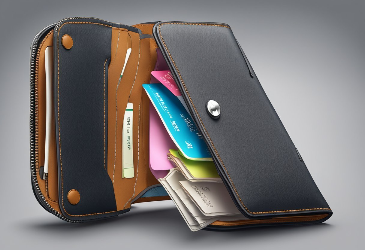 A leather wallet displayed on a clean, modern surface with soft lighting. The wallet is open, showing the interior compartments and fine stitching details