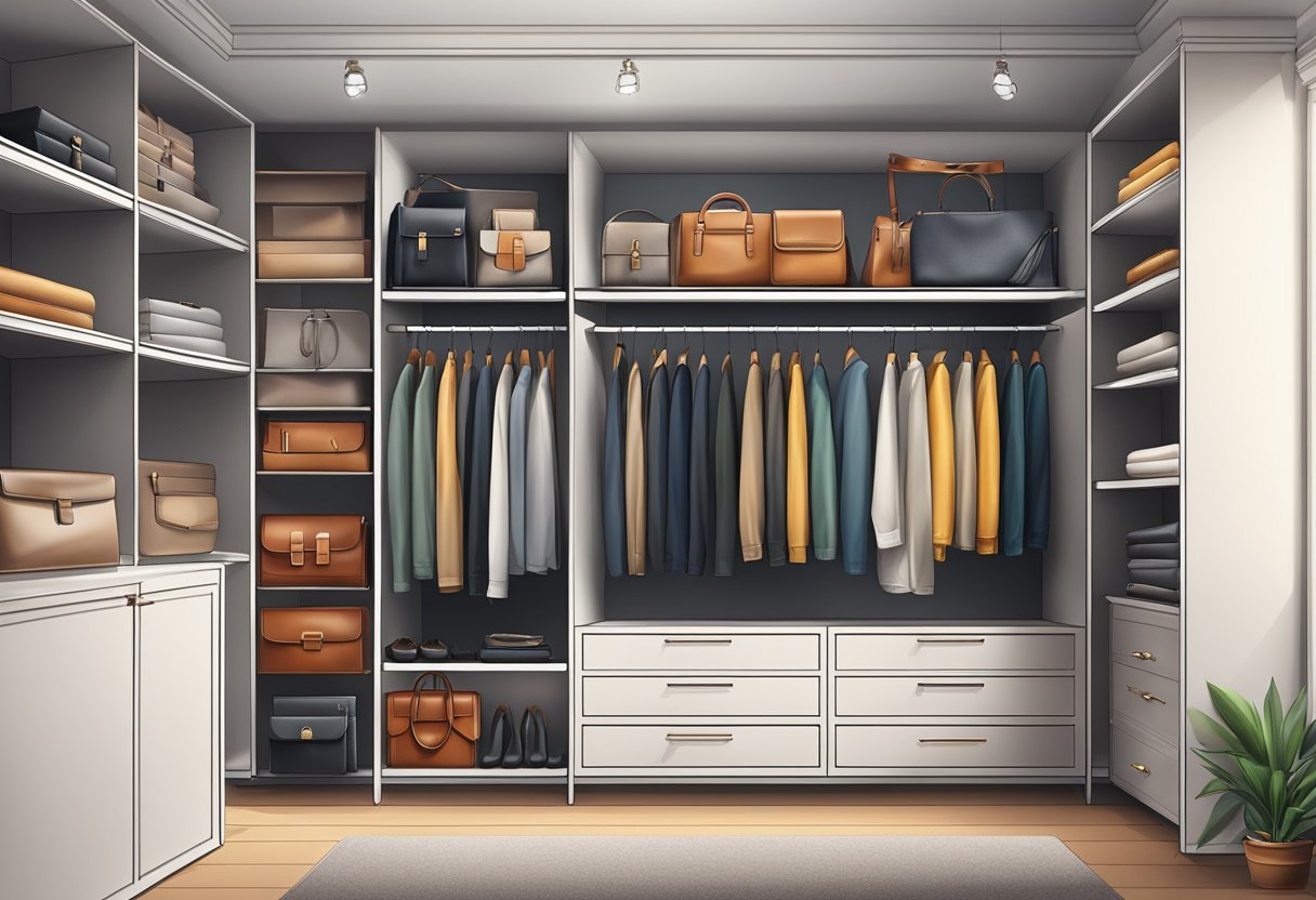 A neatly organized wardrobe with stylish leather wallets displayed on shelves