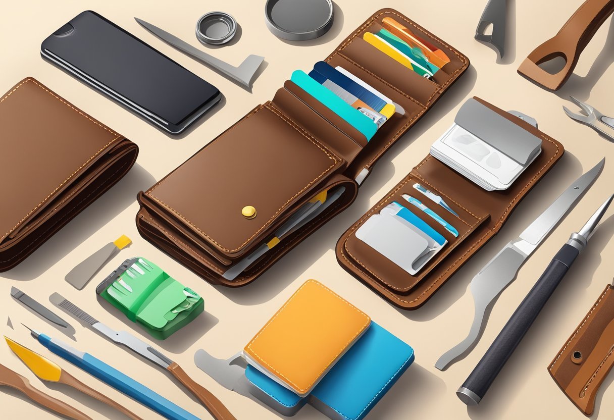 A leather wallet being personalized with DIY techniques, tools and materials spread out on a work surface