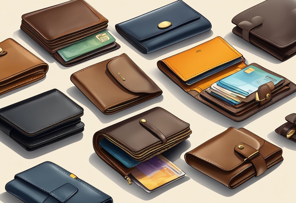 A display of various leather wallets with style tips and buying advice