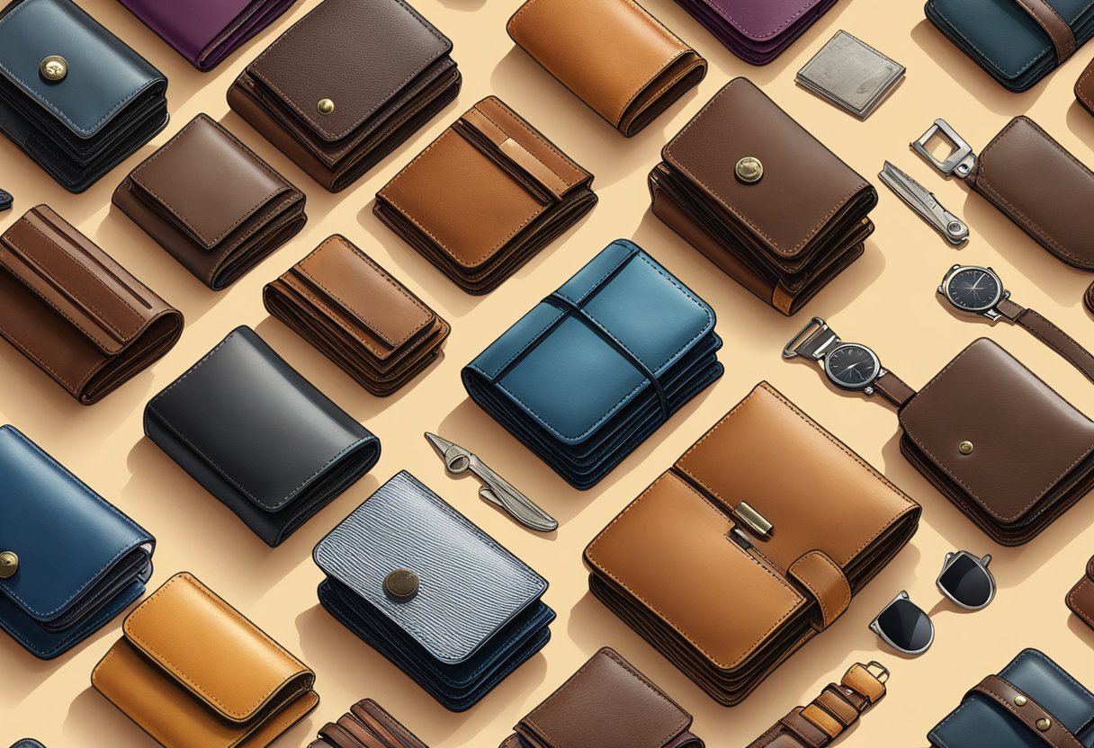 A collection of leather wallets arranged neatly on a wooden table, showcasing various styles and colors