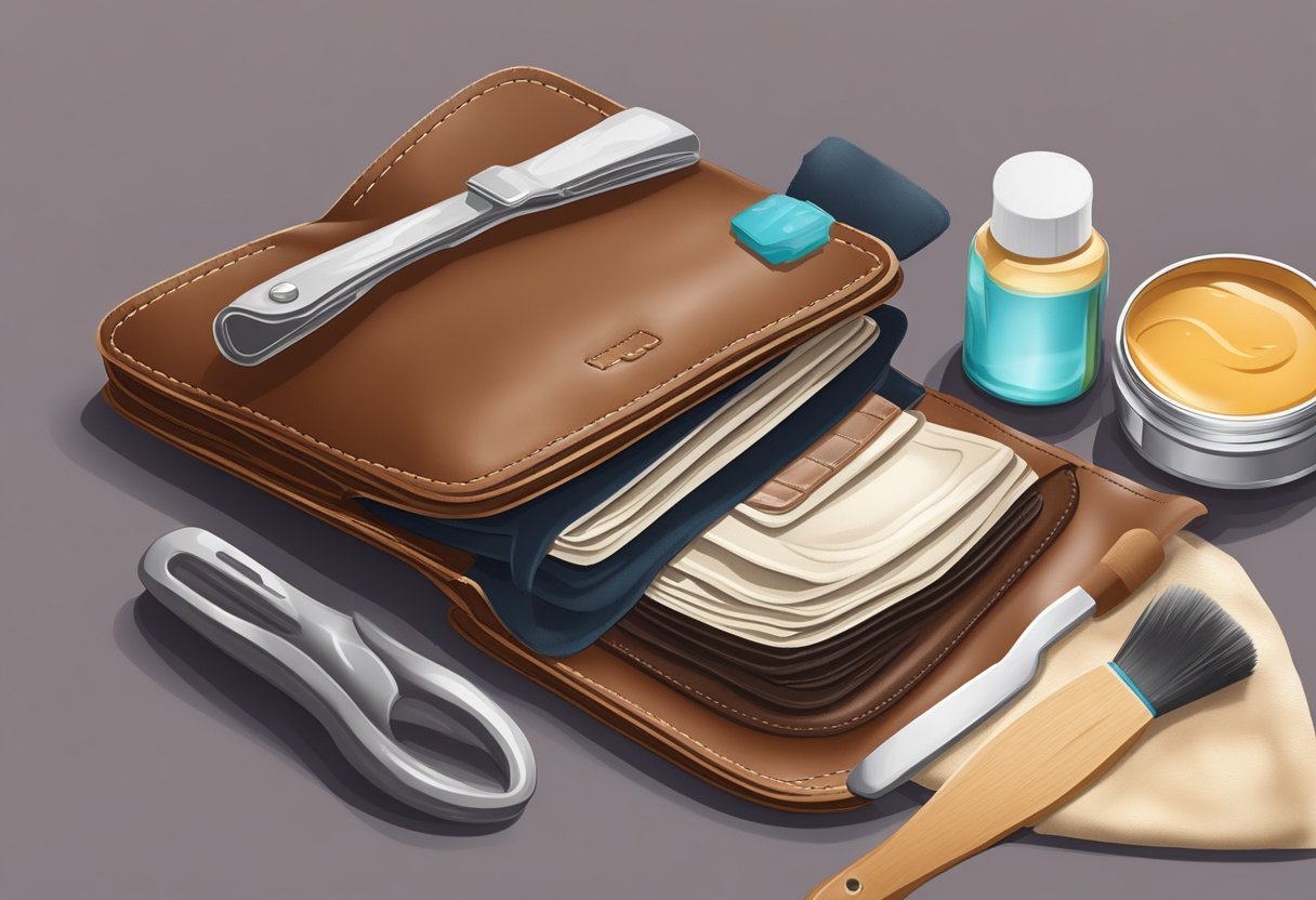 A leather wallet being carefully cleaned and conditioned with a soft cloth and leather care products on a clean, flat surface