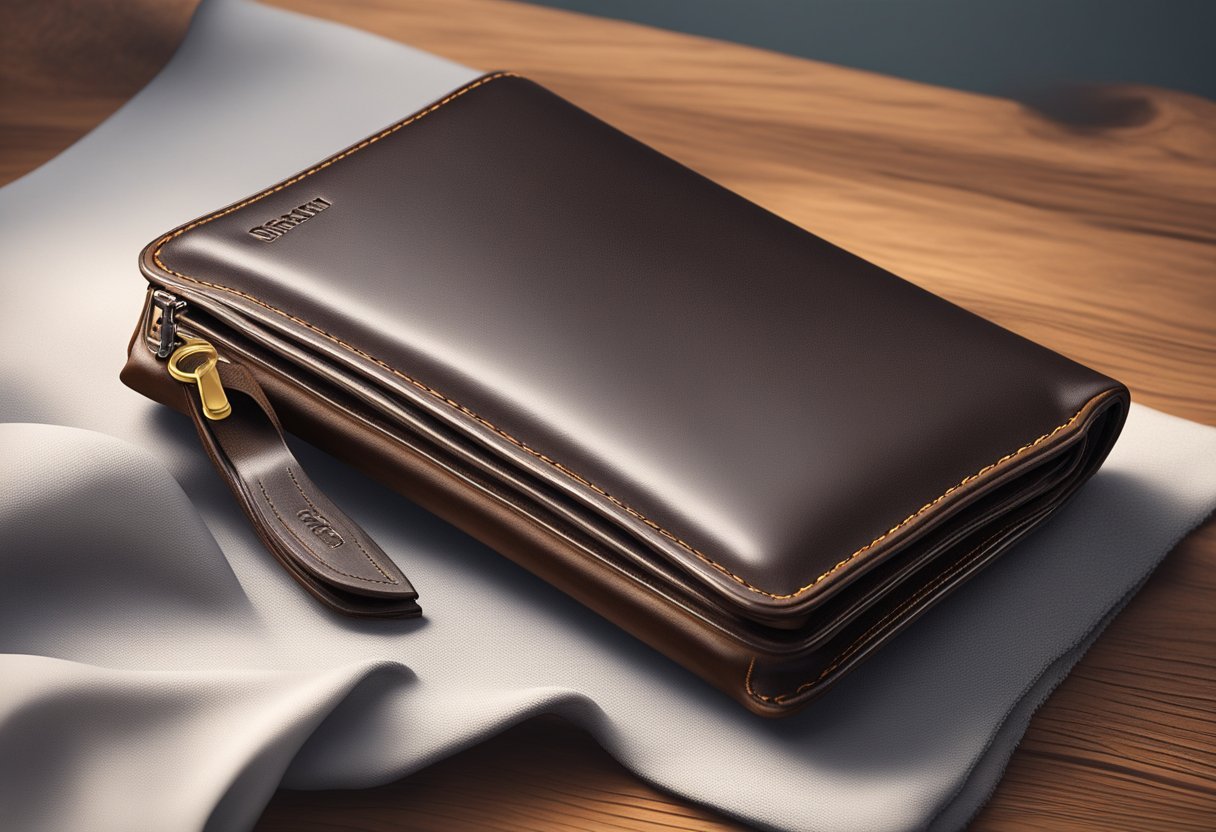 A leather wallet being gently cleaned and conditioned with a soft cloth and leather care product on a clean, flat surface