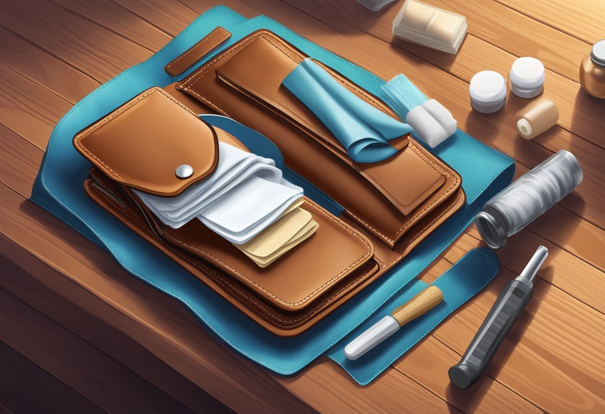 A leather wallet being cleaned with a cloth and leather care products on a wooden table