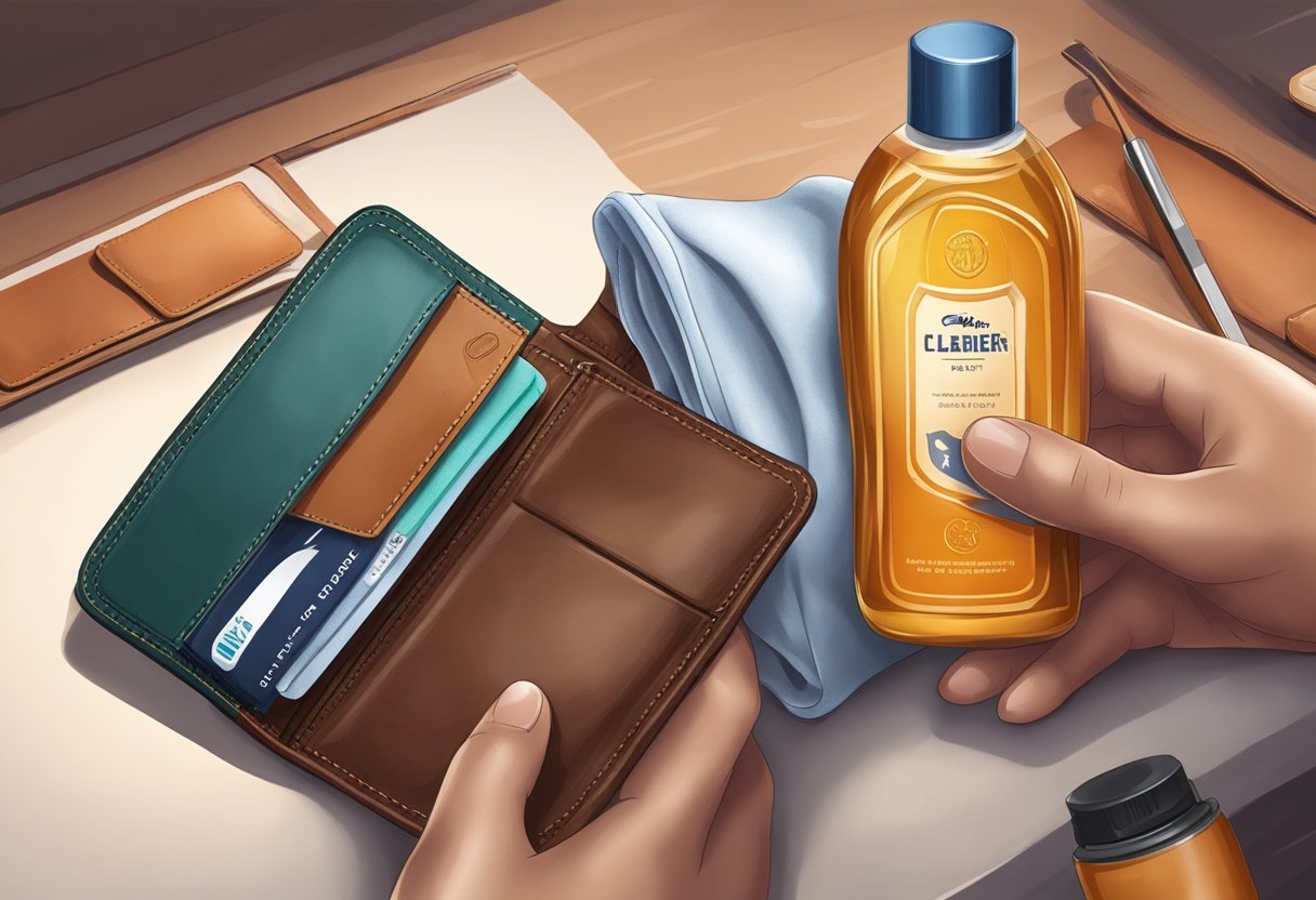 A leather wallet being carefully cleaned and conditioned, with a bottle of leather care product and a soft cloth nearby