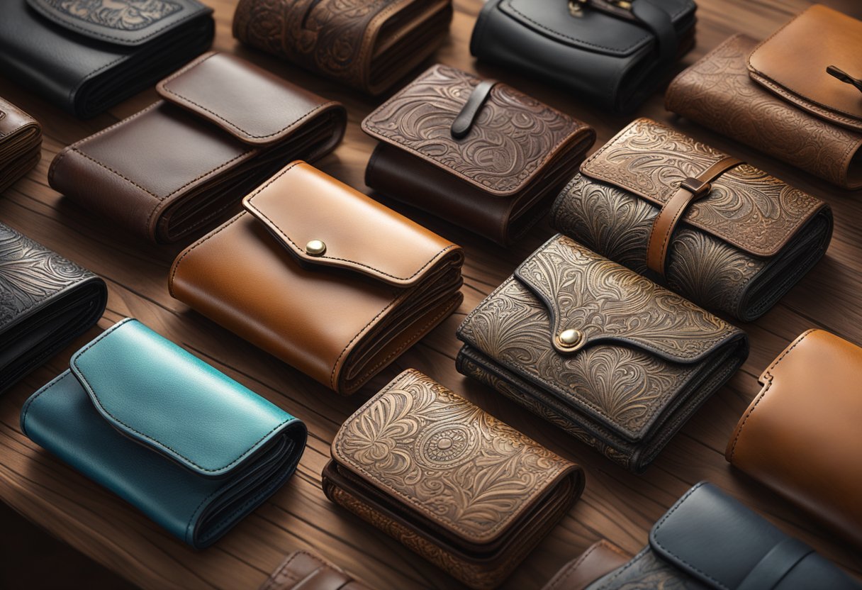 A stack of leather wallets with intricate designs, displayed on a rustic wooden table with soft lighting