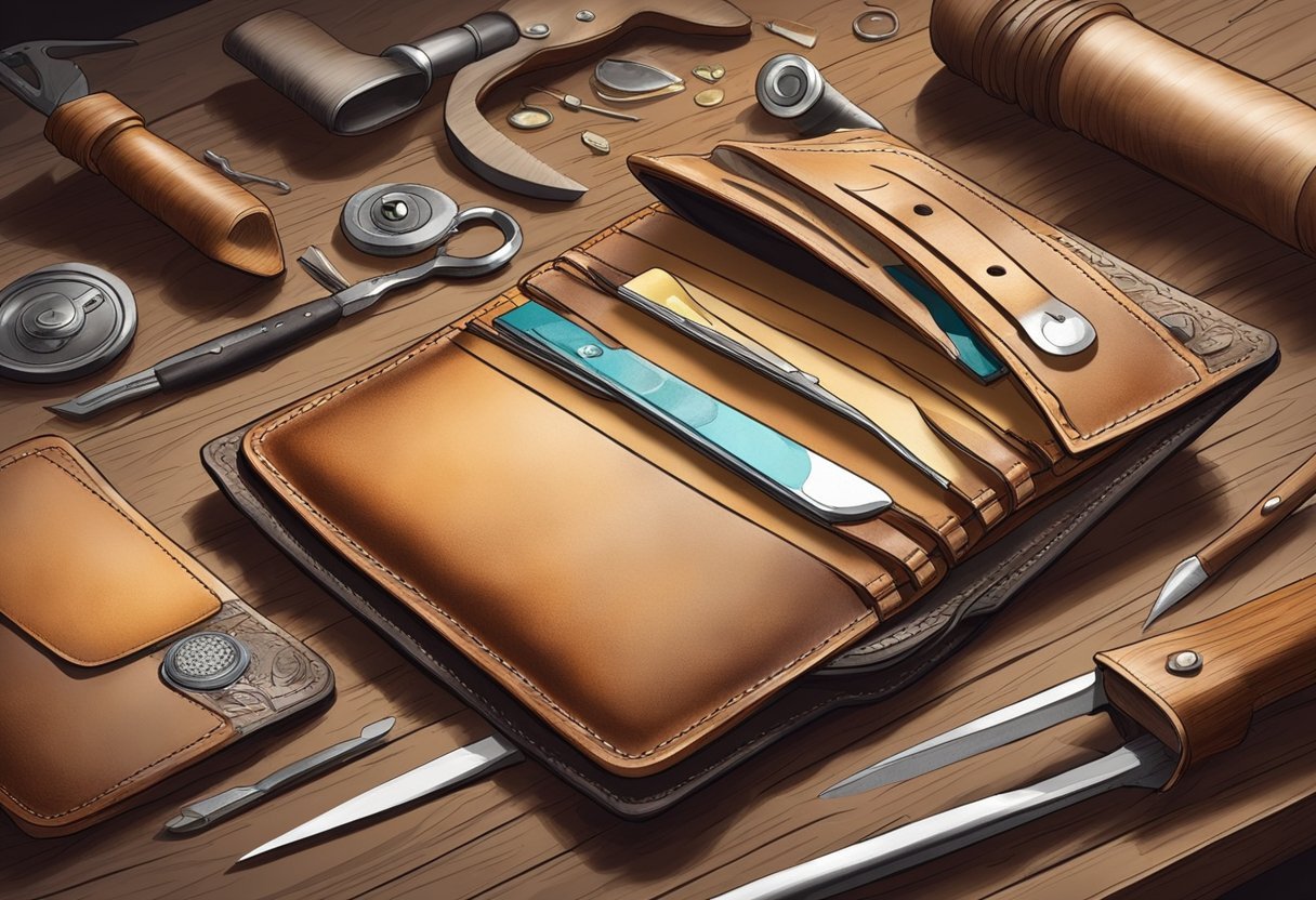 A leather wallet being meticulously handcrafted by a skilled artisan, with tools and materials laid out on a workbench in a rustic workshop