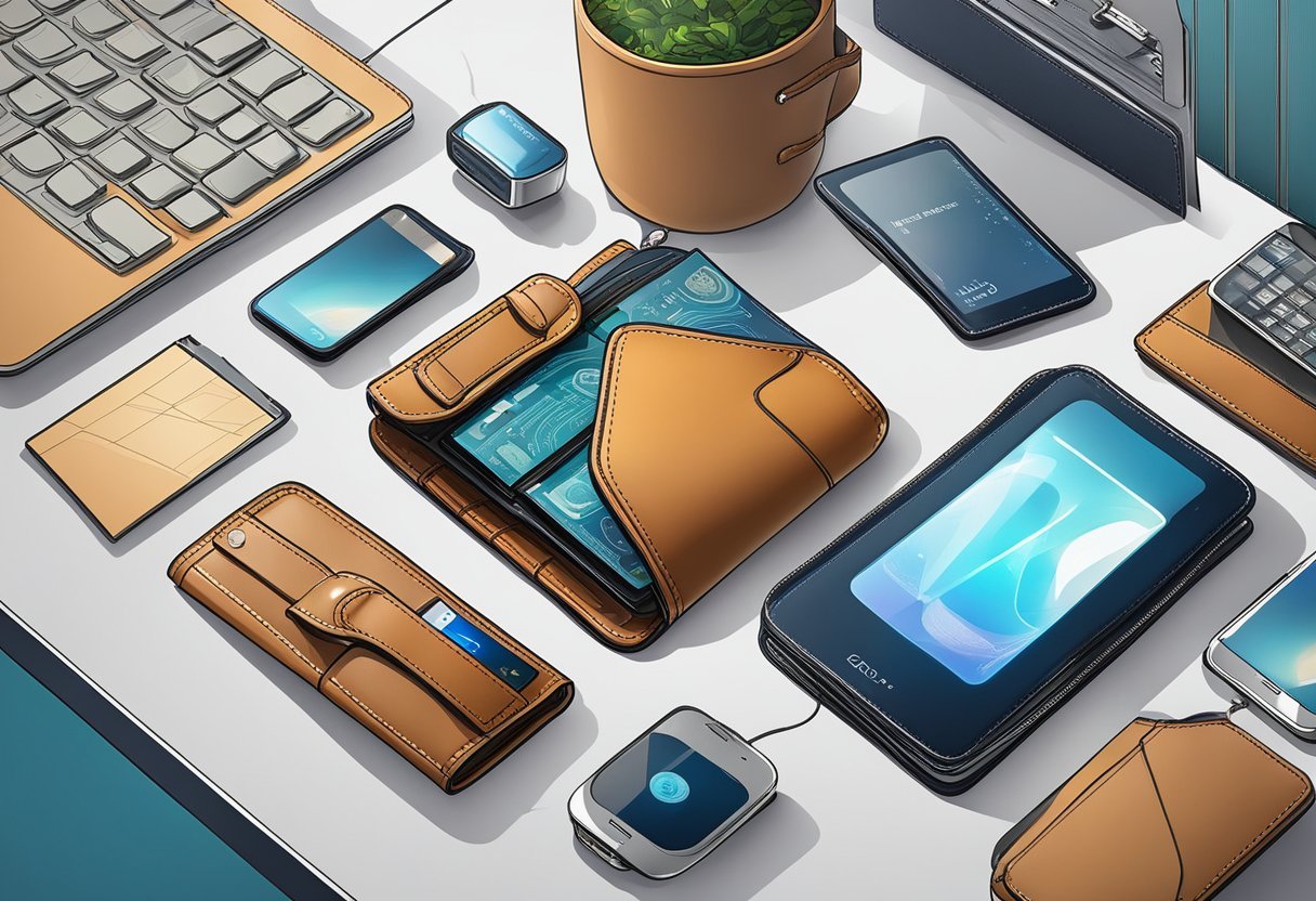 A leather wallet sits on a modern desk, surrounded by futuristic gadgets and technology. The history of wallets is depicted through various images and symbols on the walls