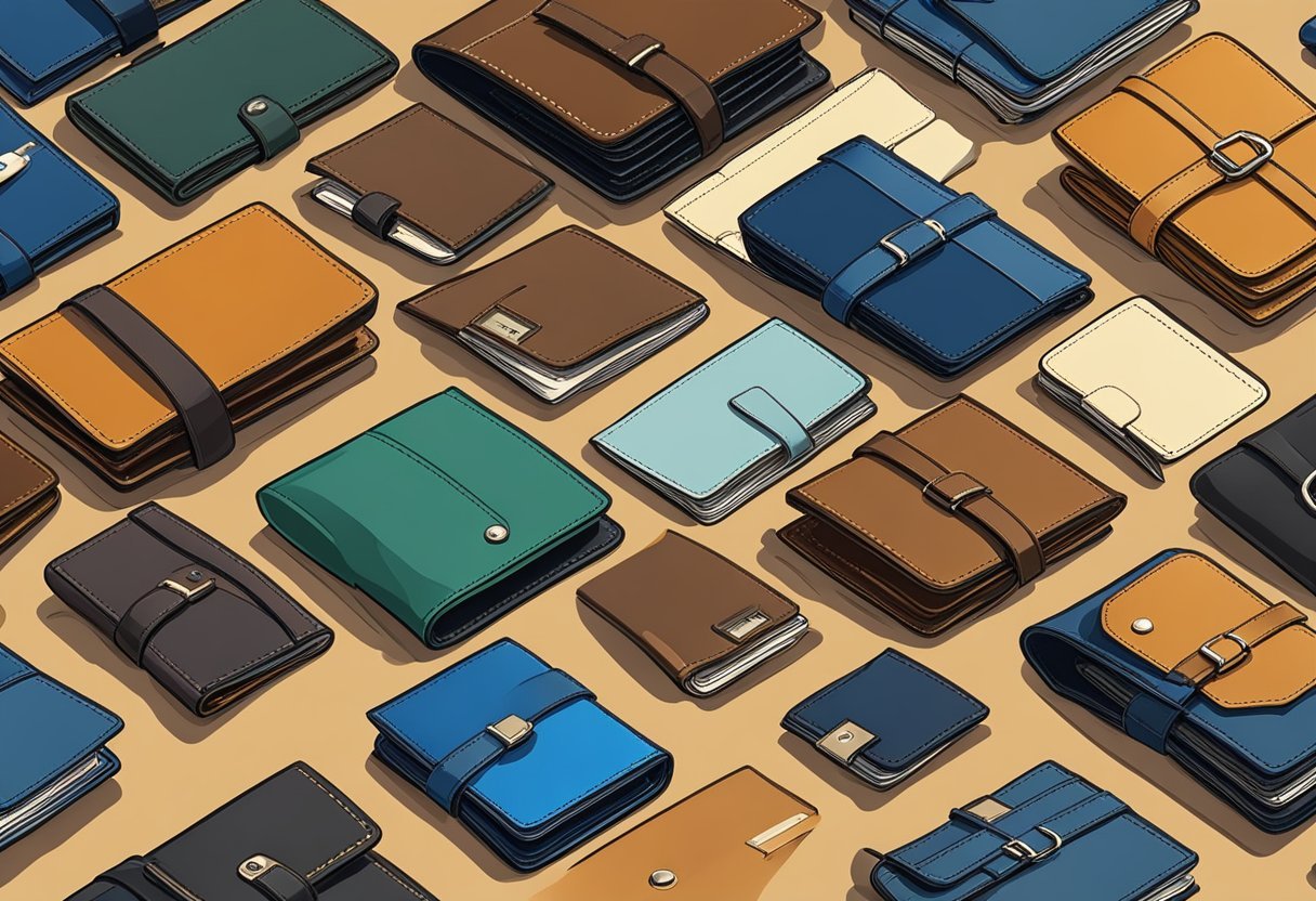 A display of various leather wallets through different eras in modern fashion history