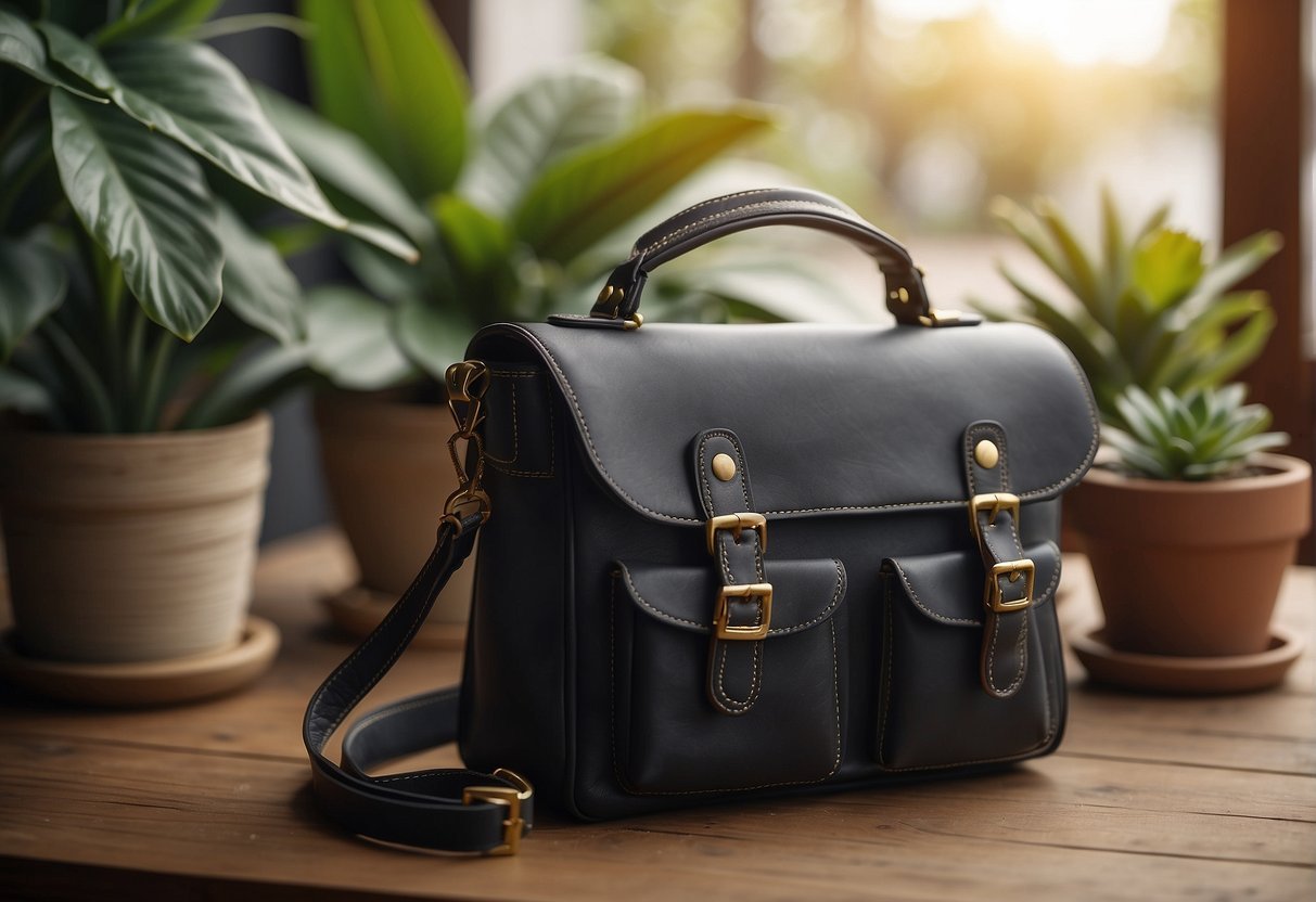 A stylish shoulder bag sits on a wooden table, surrounded by scattered accessories and a potted plant