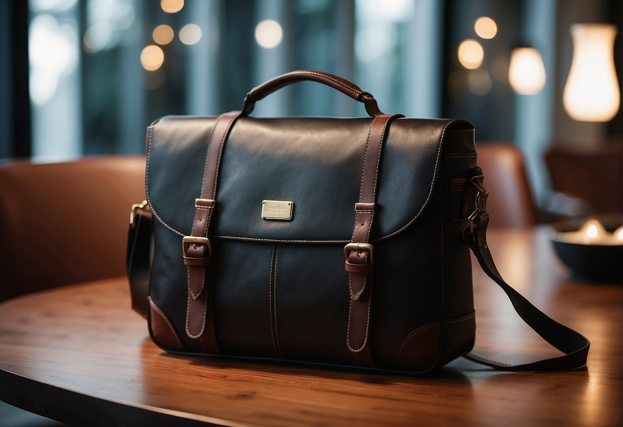 A luxurious men's messenger bag displayed on a sleek, modern table with soft lighting, showcasing its premium material and sophisticated design