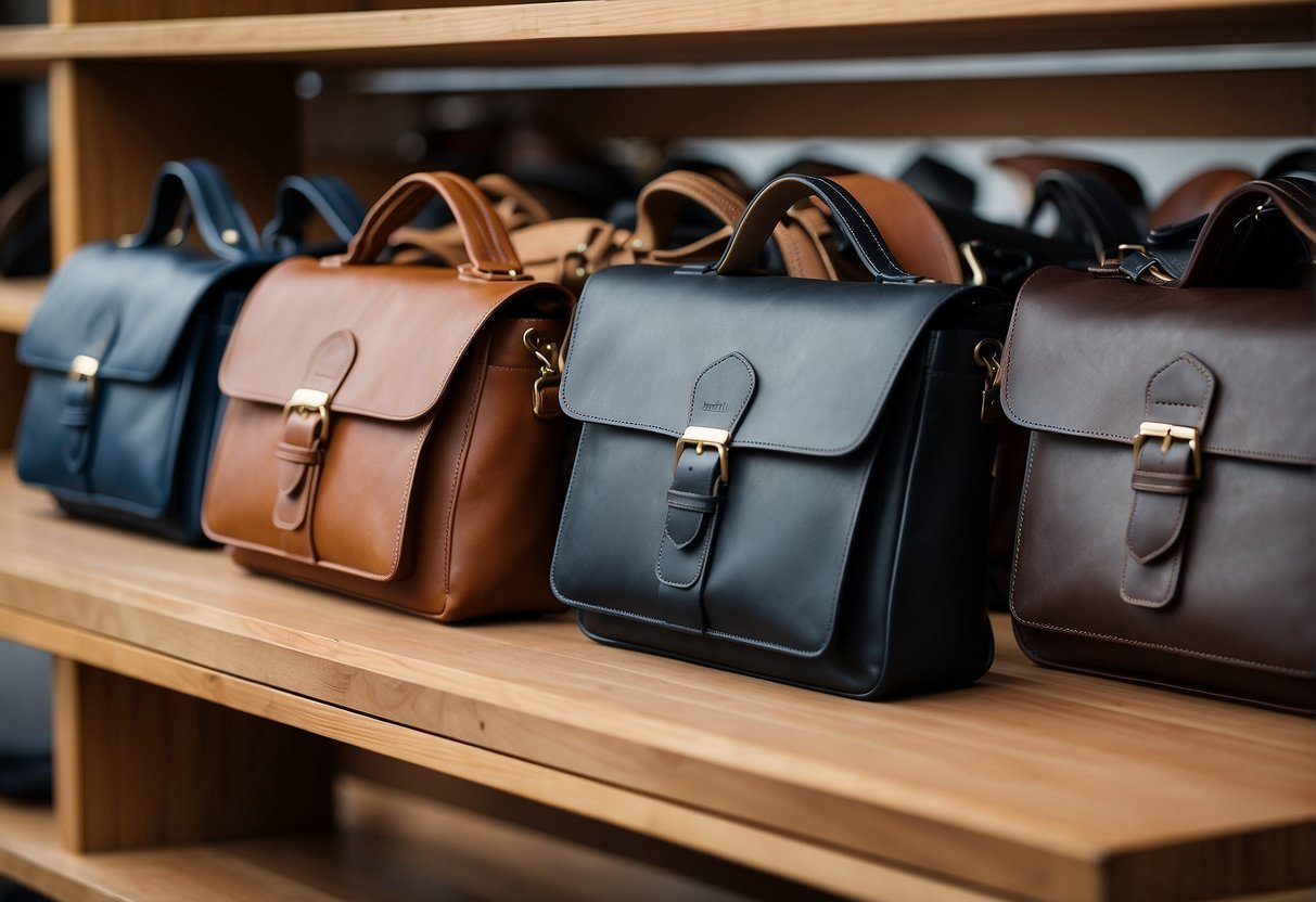 A display of stylish men's messenger bags arranged on a sleek, modern shelf. Various designs and colors are showcased, with attention to detail and quality craftsmanship