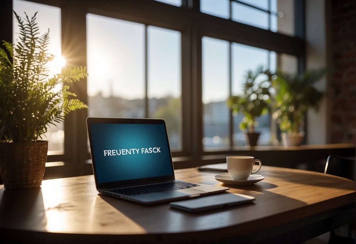 A table with a laptop, notebook, and pen. A sign with "Frequently Asked Questions" above. Light from a window illuminates the scene