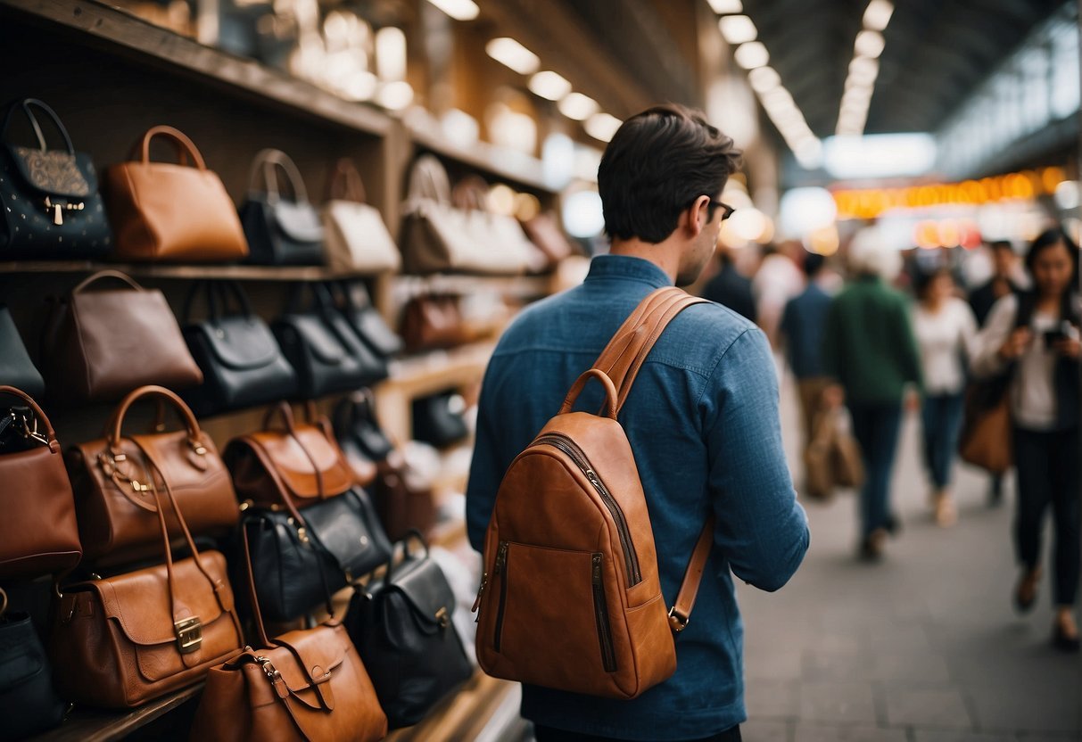 A person browsing through various styles of shoulder bags in a busy market, examining the practical features before making a purchase