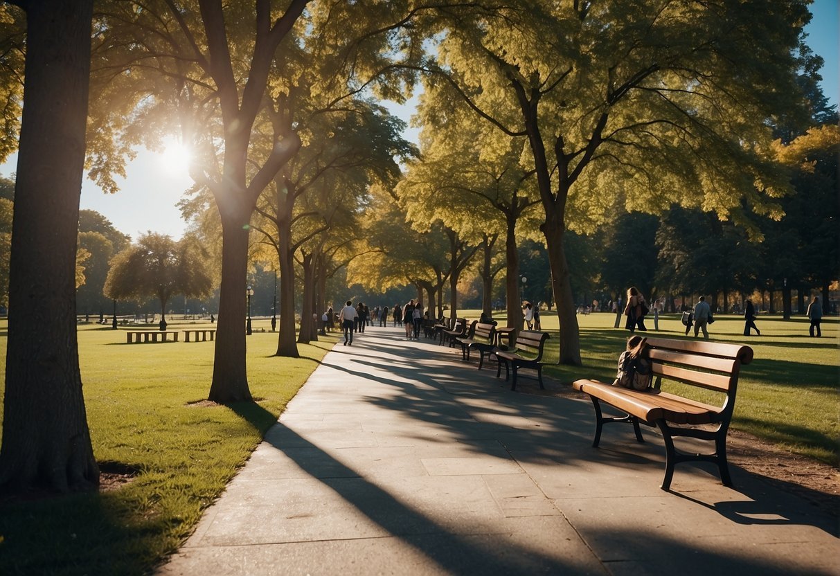 A sunny park with people enjoying outdoor activities, carrying stylish and functional crossbody bags. Trees, benches, and a clear blue sky complete the scene