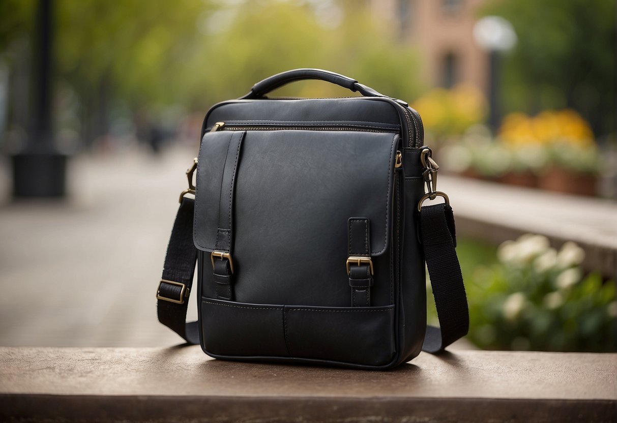 A modern, sleek men's shoulder bag with multiple compartments and a minimalist design, showcasing the latest trends in 2024