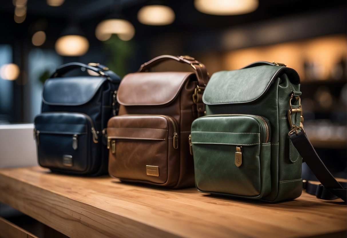 A display of modern men's messenger bags, showcasing specific models and brands, reflecting the latest trends for 2024