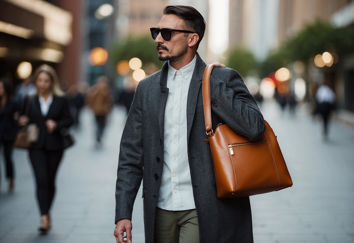 A modern man's shoulder bag trends for 2024, featuring sleek designs and bold colors, displayed in a minimalist, urban setting with clean lines and contemporary decor