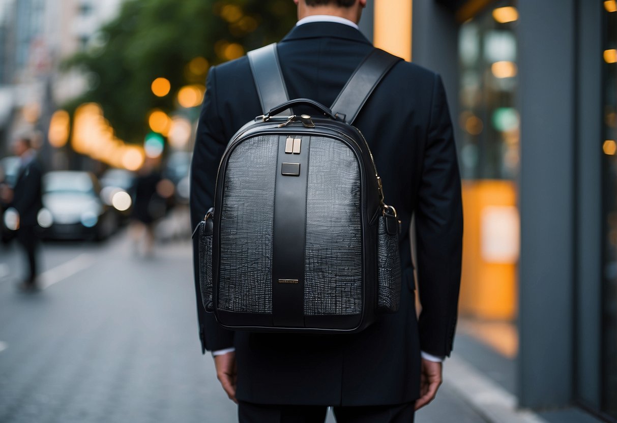 A group of men's shoulder bags displayed in a modern, urban setting with stylish and functional design elements. Vibrant colors and sleek lines reflect the latest trends for 2024