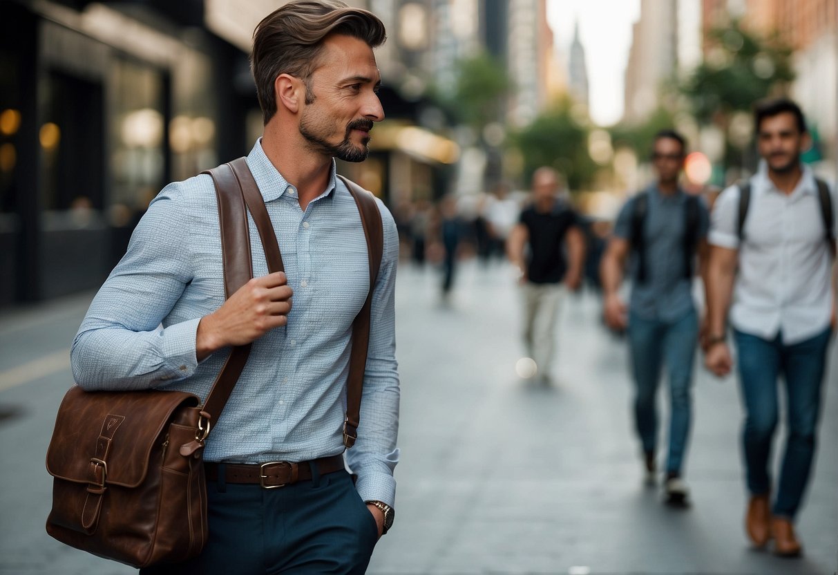 A bustling city street with stylish men wearing trendy messenger bags in various designs and colors. The bags are functional yet fashionable, reflecting the latest trends in men's accessories for 2024