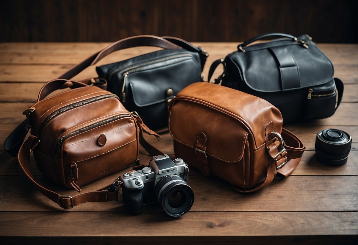 A table with various accessories laid out next to a collection of trendy men's messenger bags, showcasing the latest 2024 fashion trends