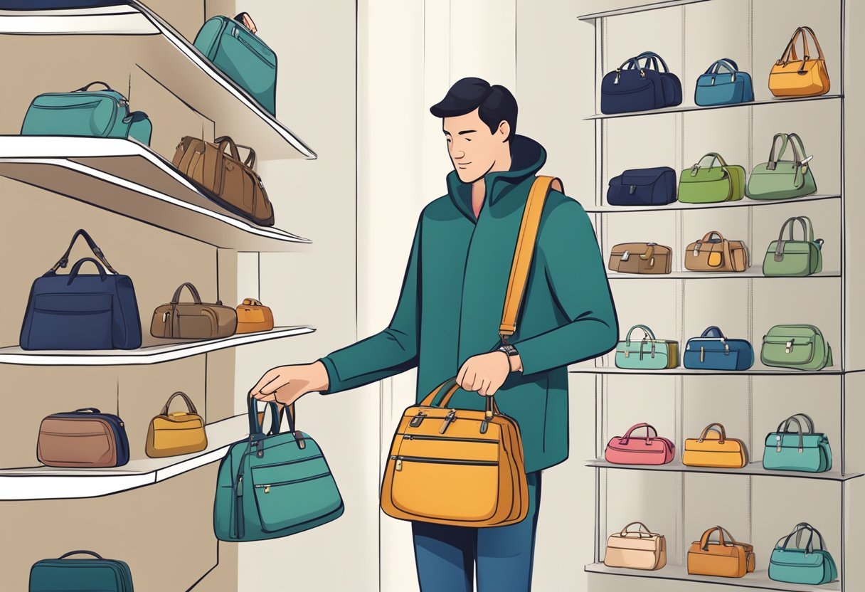 A person choosing a functional shoulder bag from a variety of organized options