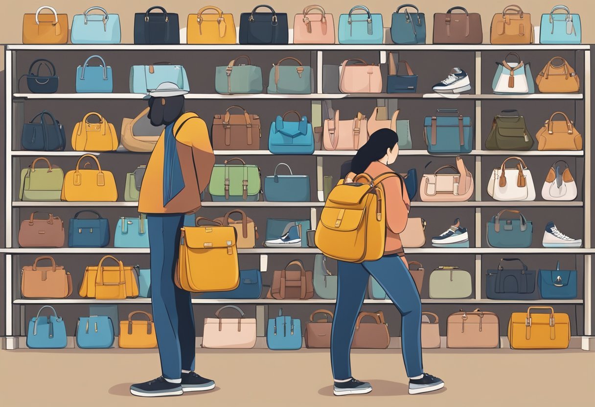 A person choosing a shoulder bag from a selection based on the occasion. Various bags displayed on shelves or racks