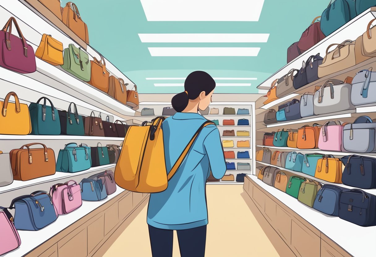 A person choosing a shoulder bag from a variety of options in a store