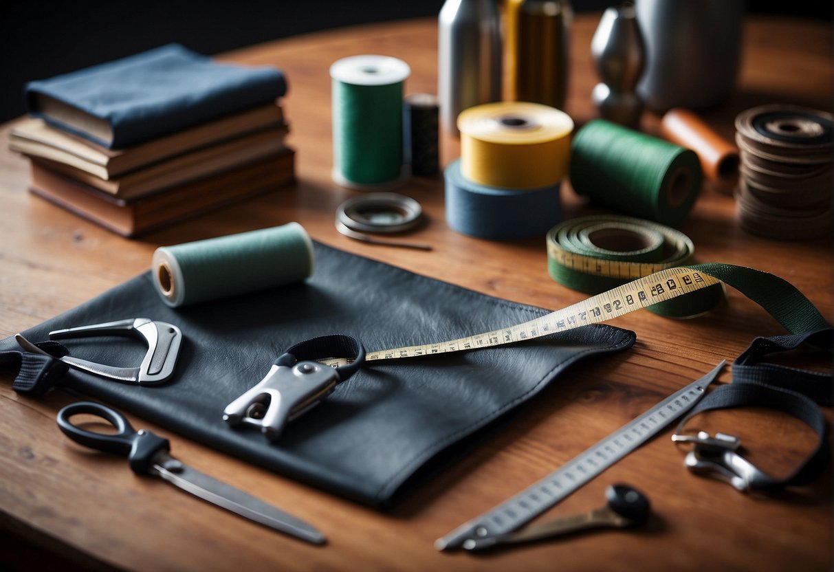 Various materials (leather, canvas, nylon) spread out on a table, with a measuring tape and scissors nearby