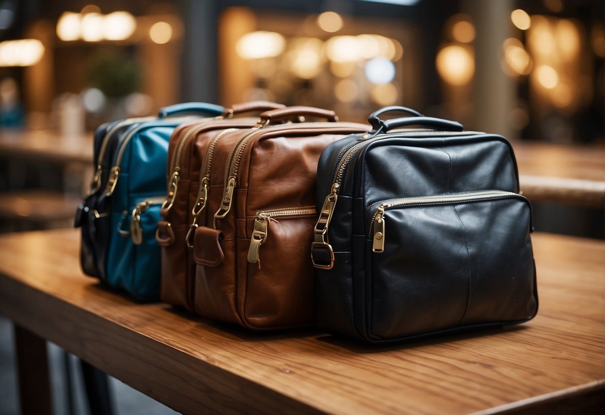 A table with various materials for shoulder bags: leather, canvas, and nylon. Each material is labeled and displayed for comparison