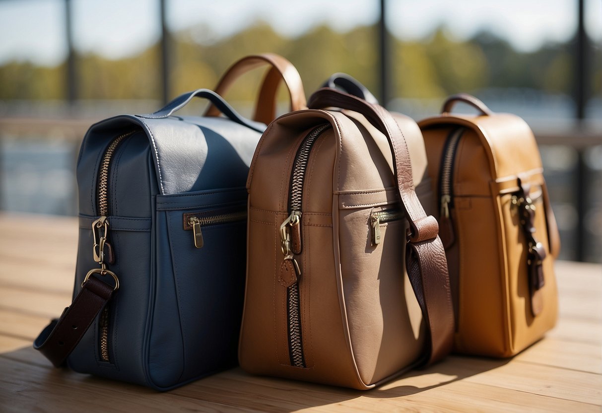 A comparison of materials for functional and comfortable shoulder bags. Different fabrics and textures laid out on a table for illustration